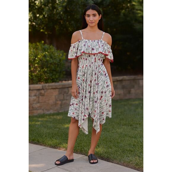 Lulus Off Shoulder Floral Ruffle Midi Dress White Red Green Size L - Picture 1 of 5
